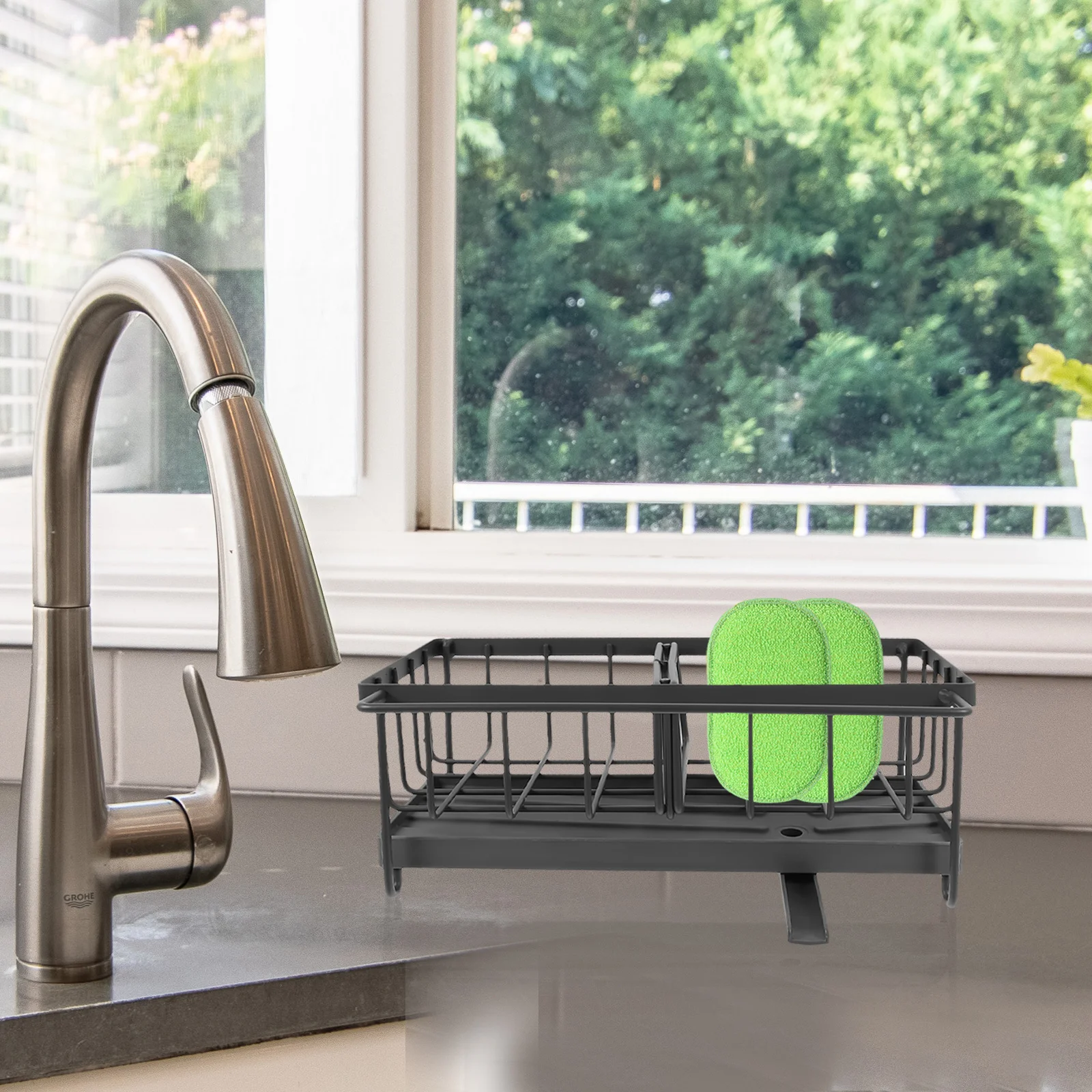 

Stainless Steel Kitchen Sink Sponge Holder Black Sponge Cloth Organizer Countertop Storage Rack Soap Drainer Dishcloth