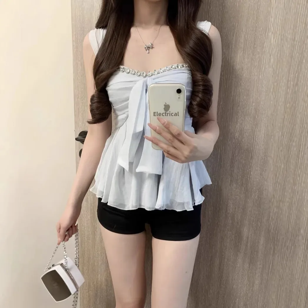 

Sexy Chiffon Shirt Women's Elegant Diamond Embellished Top Summer Fashion Party Wear Shangri-La New Arrival 2025