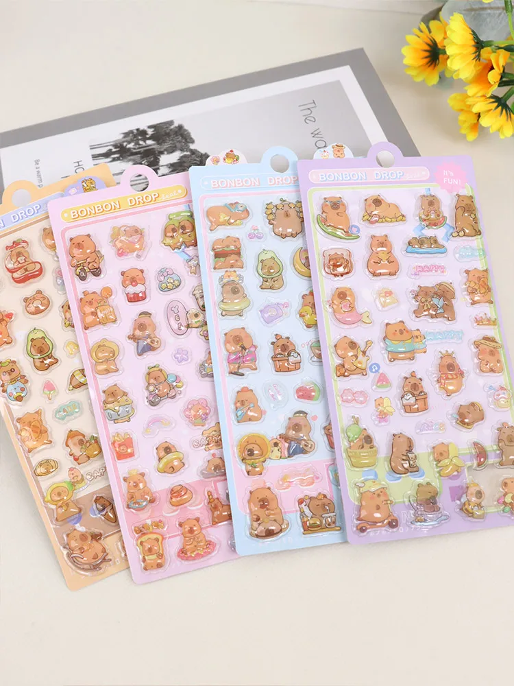 1 Packung süße Capybara-Aufkleber, 3D-Design, Kunststoffmaterial, dekorative Aufkleber, niedliche Cartoon-Capybara, bunte Muster, selbstklebend, geeignet für Scrapbooking, Tagebücher, Basteln, Geburtstagsgeschenke, Schulbedarf