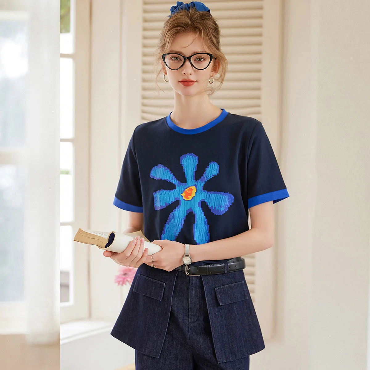 LOUIS YAO 2025 Summer Color Contrast Printed Short Sleeved T-shirt Color Blocked Loose Casual Versatile T-shirt for Women