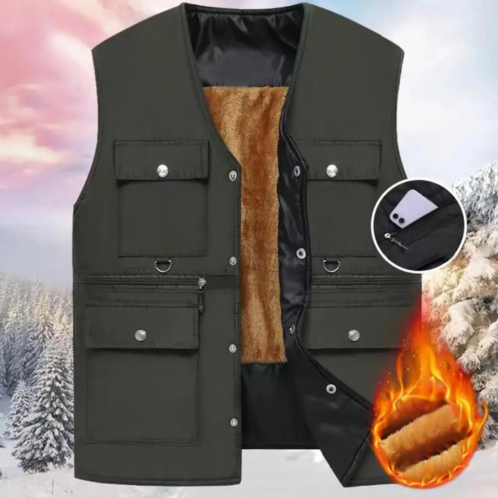 Men Vest Men Solid Color Vest Mid-aged Father Fishing Waistcoat Thick Plush Winter Vest with Multi Pockets Zipper for Men