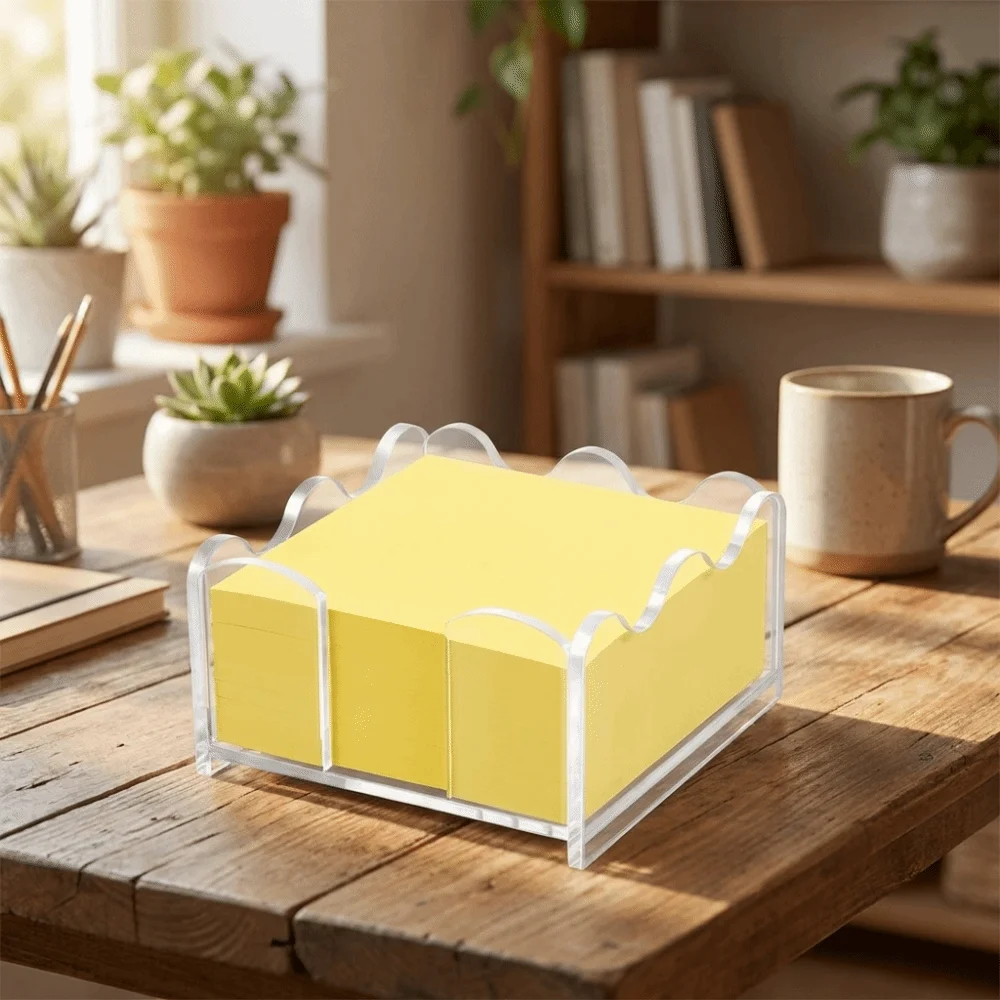 Scalloped Acrylic Sticky Note Holder Wave Edge Multi-Functional Notepad Holder Minimalism Square Shape Paper Organizer