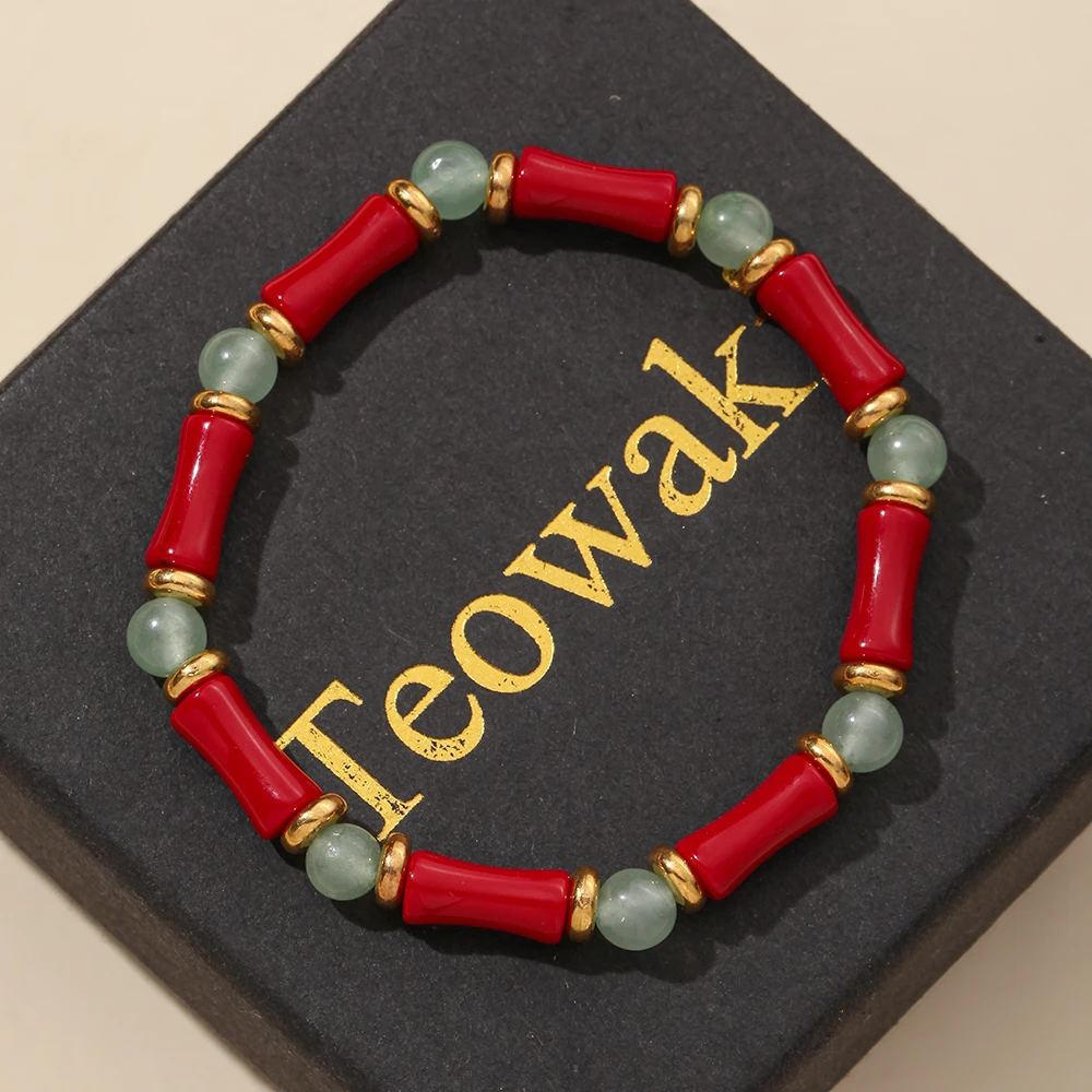 TeoWaki Red Coral Glass Bamboo Bracelet Aventurine Spacer Beads Chinese Style Daily Jewelry Best Gift For Women Men 18-19cm