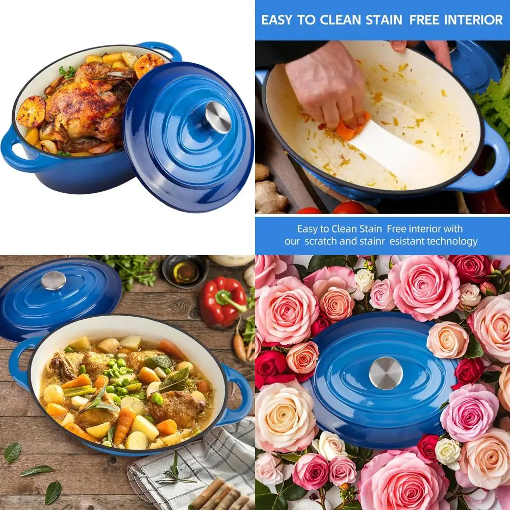 

Овальная чугунная эмалированная кастрюля-духовка, 5,5 кварт, для использования в духовке до 550 градусов ° Кухонная посуда с крышкой, пригодная для мытья в посудомоечной машине