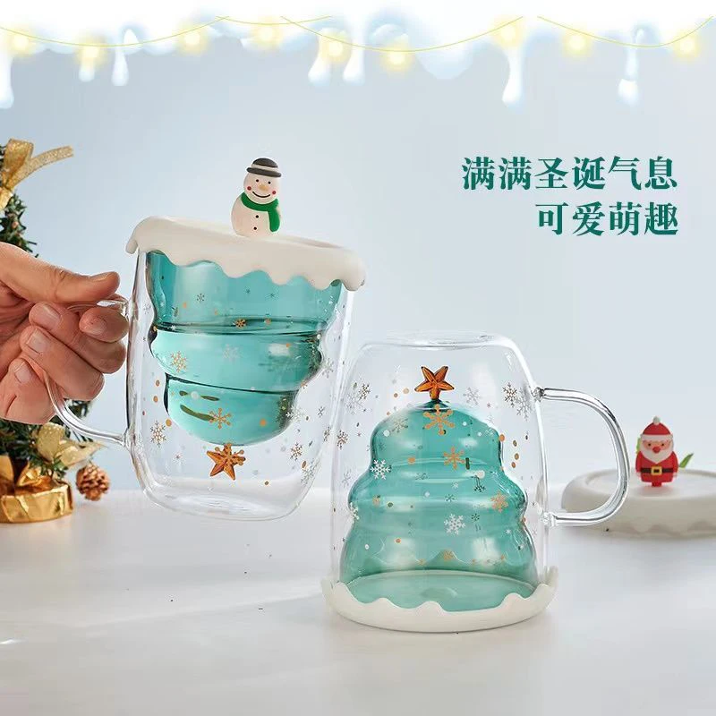 

Christmas Mugs With Lid Spoon Double Wall Glass Drinking Cup 300ml Cute Snowman Tree Gift For Christmas Thanksgiving Gift Coffee