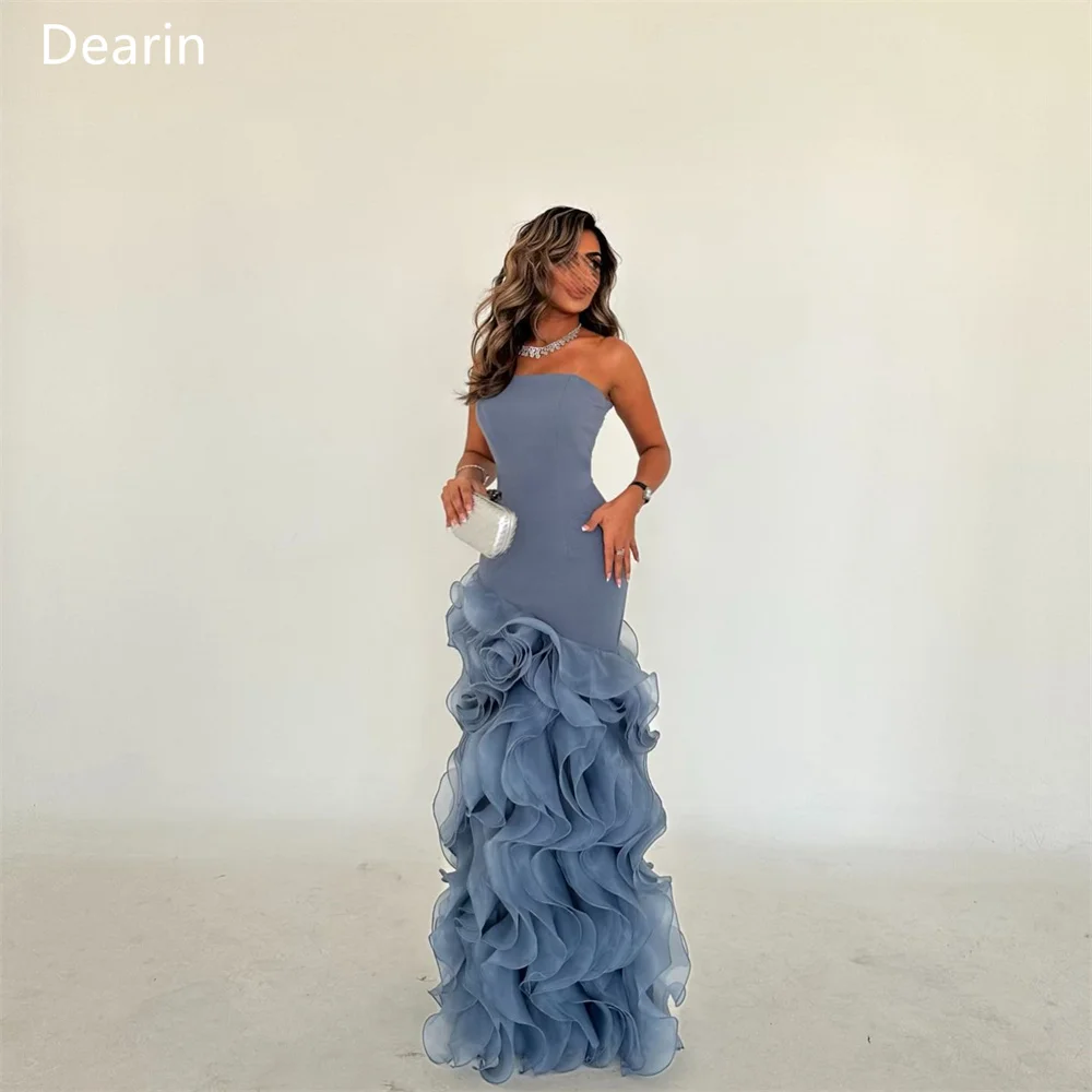 Customized Evening Gown Women Formal Dearin Strapless A-line Floor Length Skirts Tulle Layered Contoured Sleeveless Bespoke Occa