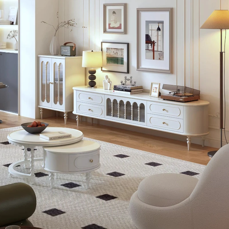

Retro cream style solid wood TV cabinet coffee table combination living room home