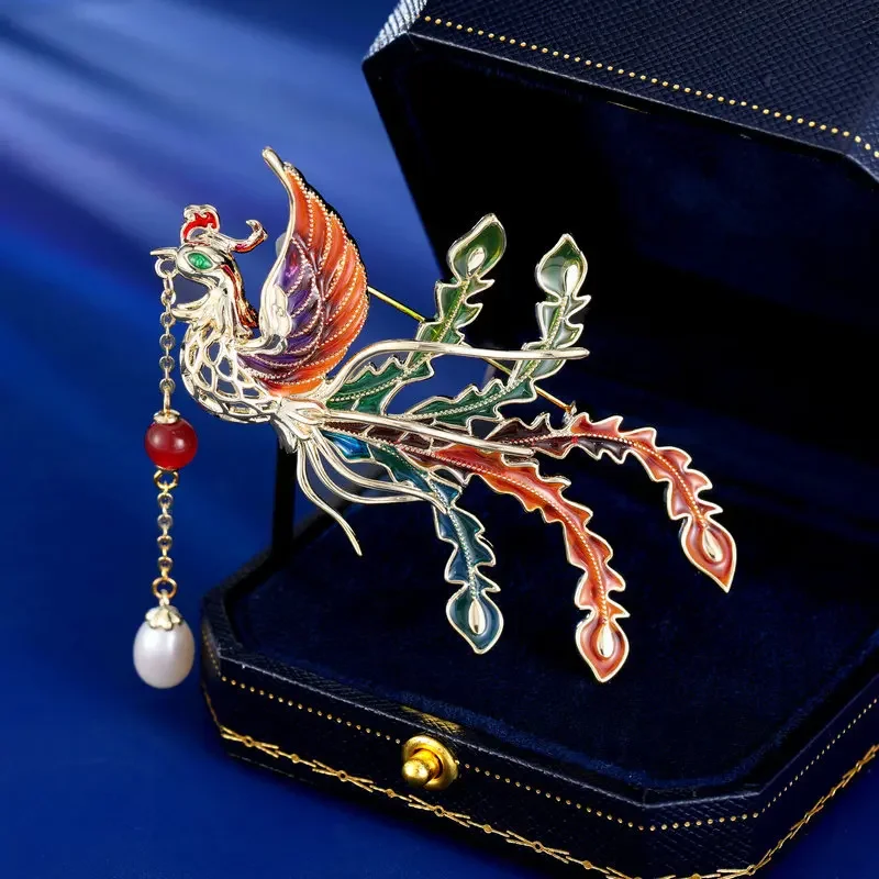 

2025Cheongsam dress accessories, corsages, women's enamel glaze, pearls, noble and elegant phoenix brooch