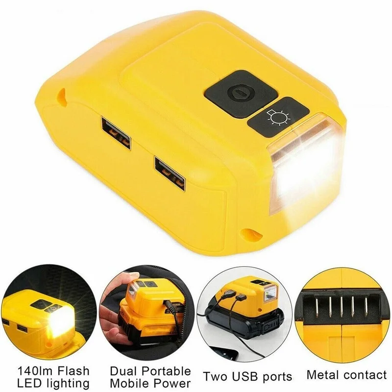 DCB090 Power Source Converter for Dewalt, Bateria de lítio 20V Max 18V, Carregador adaptador DCB203 com Dual USB, 140lm LED Light