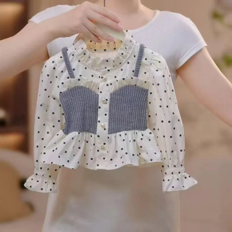 

Girls' Spring and Autumn Suit2025New Children's Fake Two-Piece Polka Dot Top Casual Flared Pants Two-Piece Set