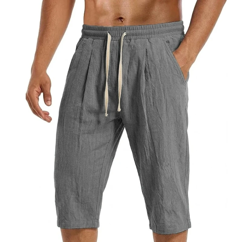 Mens Summer Solid Color Linen Blend Shorts Breathable Lightweight Cotton Fabric Loose  Fit Casual Trousers Outdoor Sports Pants