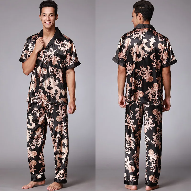 2023 New 2Pcs Men Ice Silk Pajamas Sleepwear Pajama Set Turn-Down Collar Nightwear Short Sleeve Home Clothes 2 Pieces Sets