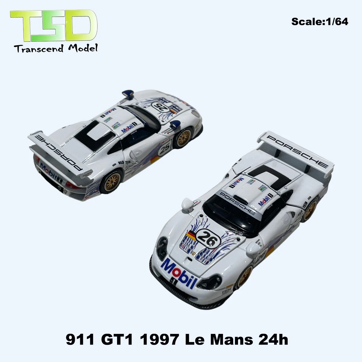 TSD 1:64 911 GT1 1997 Le Mans 24h White Mobil Racing #25/#26 Livery Detachable Spare Parts Diecast Model Car In Stock