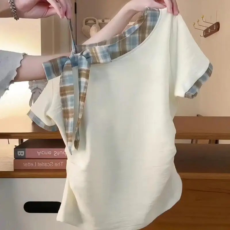 

Kawaii Girl Модные топы Студенческая повседневная женская одежда с героями мультфильмов S Сладкая пряная клетчатая футболка с цветными блоками и косым воротником с короткими рукавами