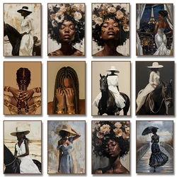 Fashion African Girl with Flower Poster Print Black Woman on Horse Canvas Painting Wall Art Feminist for Living Room Home Decor