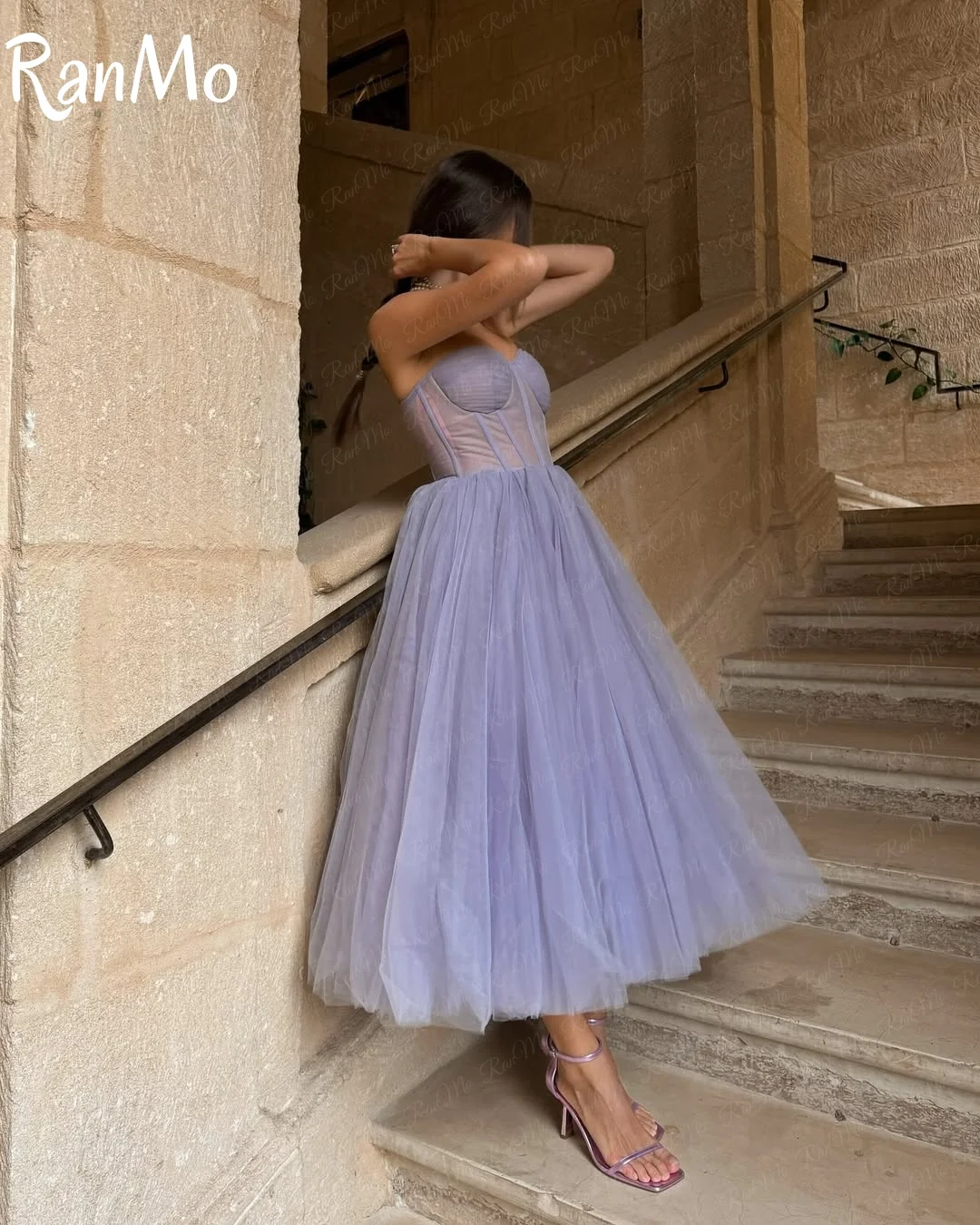 Ranmo Simple Purple A-Line Prom Dresses Strapless Ruched Pleats Party Gowns Tea-Length Soft Tulle Vestidos de noche Customized