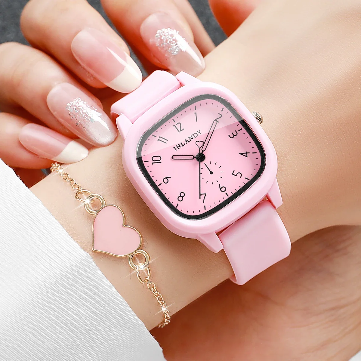 2PCS/Set Fashion Arabic Women Quartz Watch Square Silicone Strap Wristwatches Heart Bracelet Set Relogio Feminino (Without Box)