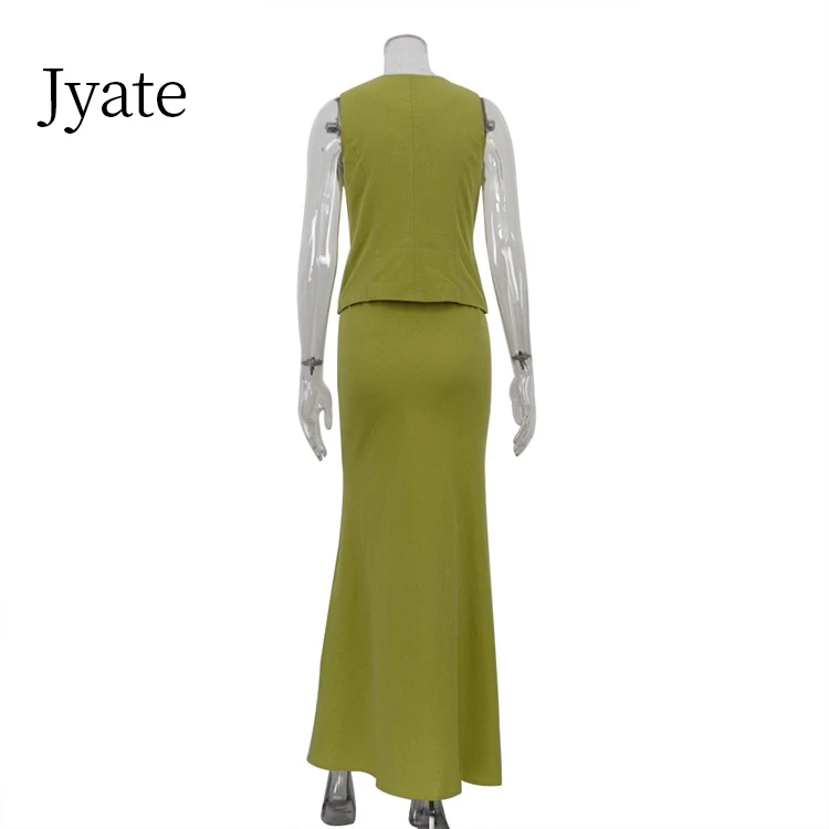 Jyate Lace-Up V-Neck Sleeveless Tank Tops + Floor-Length Skirt Sets 2024 Fashion Solid Cotton Women 2 Piece Set Casual Outfit