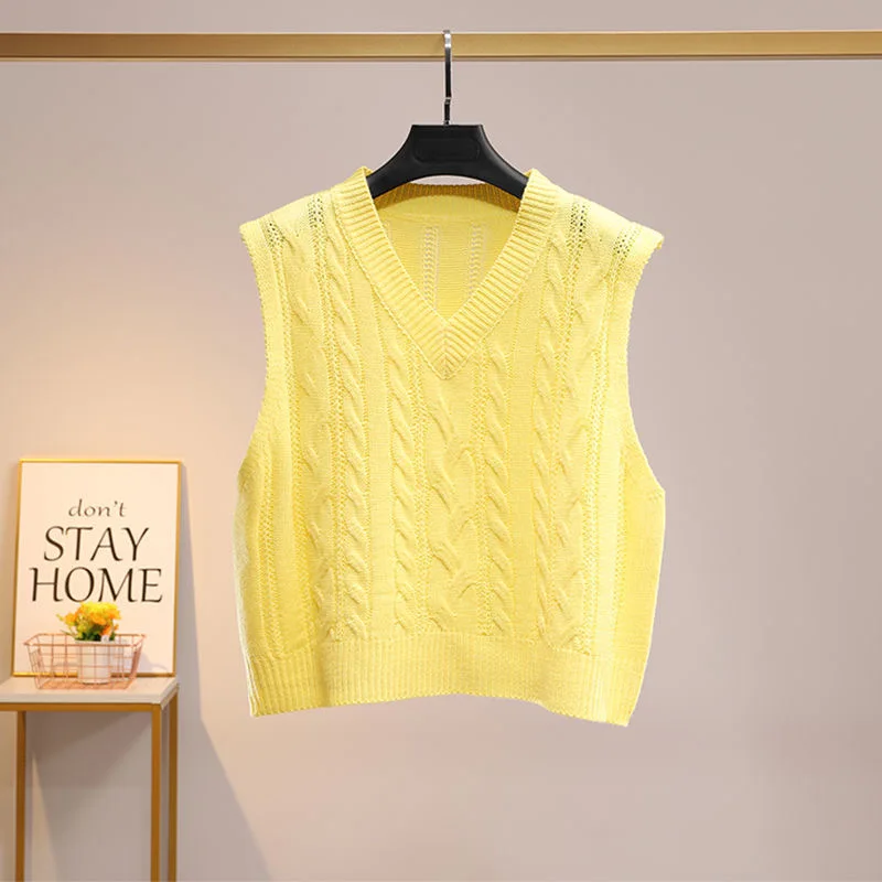 V-neck Cable Knitted Sweater Vest Women Spring Autumn Sleeveless Pullover Korean Style Cute Green Blue Pink Yellow Sweater Top