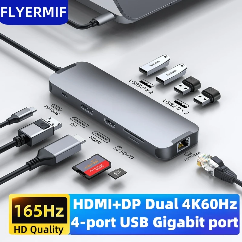 10-IN-1 USB-C to HDMI DP Dual HD 4K60Hz Docking Port USB-C 8K PD100W Fast Charge 1000Mb Network Port for Laptop to Large Screen