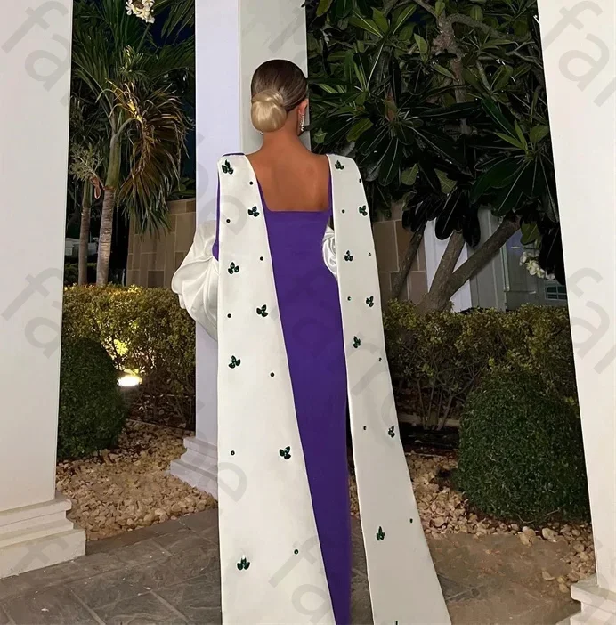 Robes De Soirée violettes élégantes personnalisées, châle blanc, Robe De bal formelle arabe, col en V, manches bouffantes