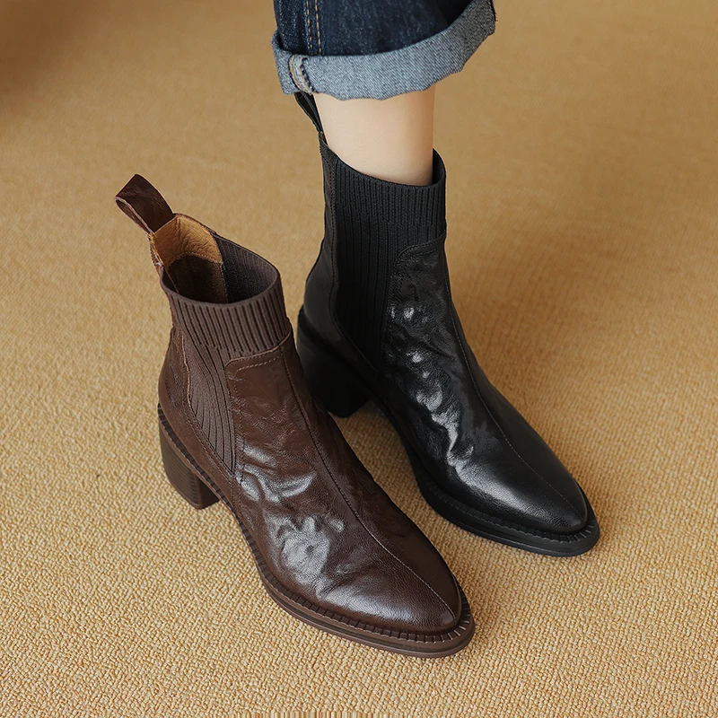 Warm Ankle Boots Shoes Black Brown High Heels Genuine Leather Elegant Fashion High Quality Good Women Winter Ankle Boots Y107