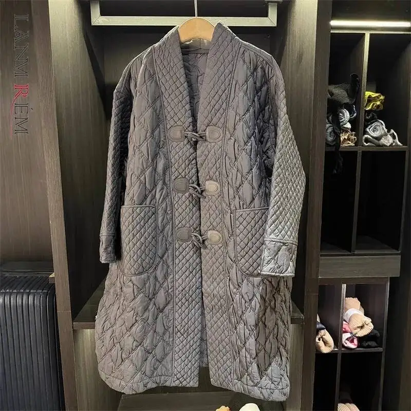 Horn High-end Simple Button Mid-length Trench Coat Cotton Jacket For Women Winter New Big Size Pleated Clothing 22PRE