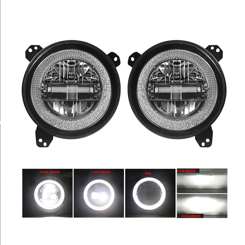 Lantsun JL1166 9-Inch Headlamps LED Round Headlight with White Ring for Jeep for Wrangler JL2018+, 1-pair