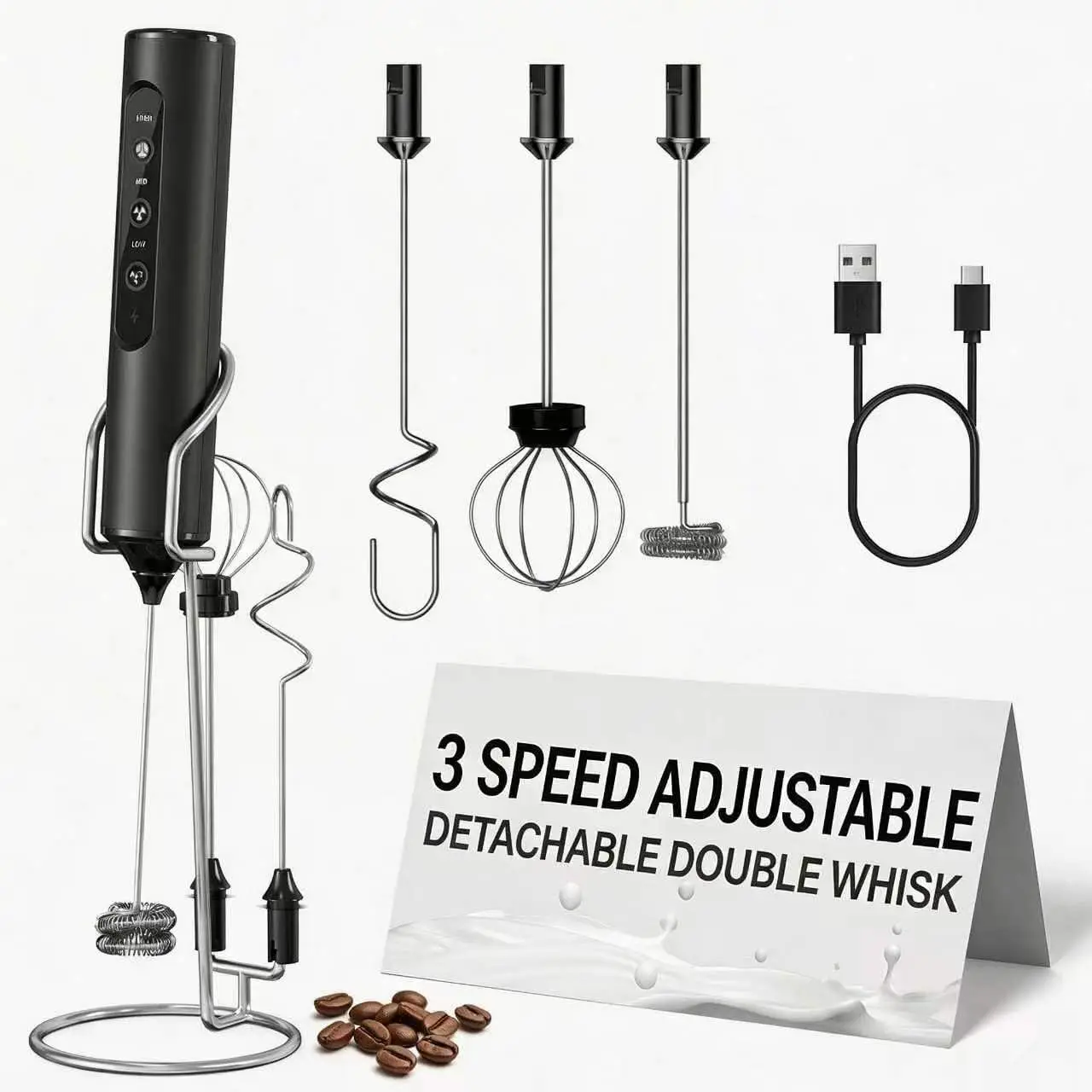 Rechargeable Milk Frother 3 Speed Detachable Whisk Handheld Set with Stand Cordless Mixer for Coffee Latte Protein Shake Kitchen