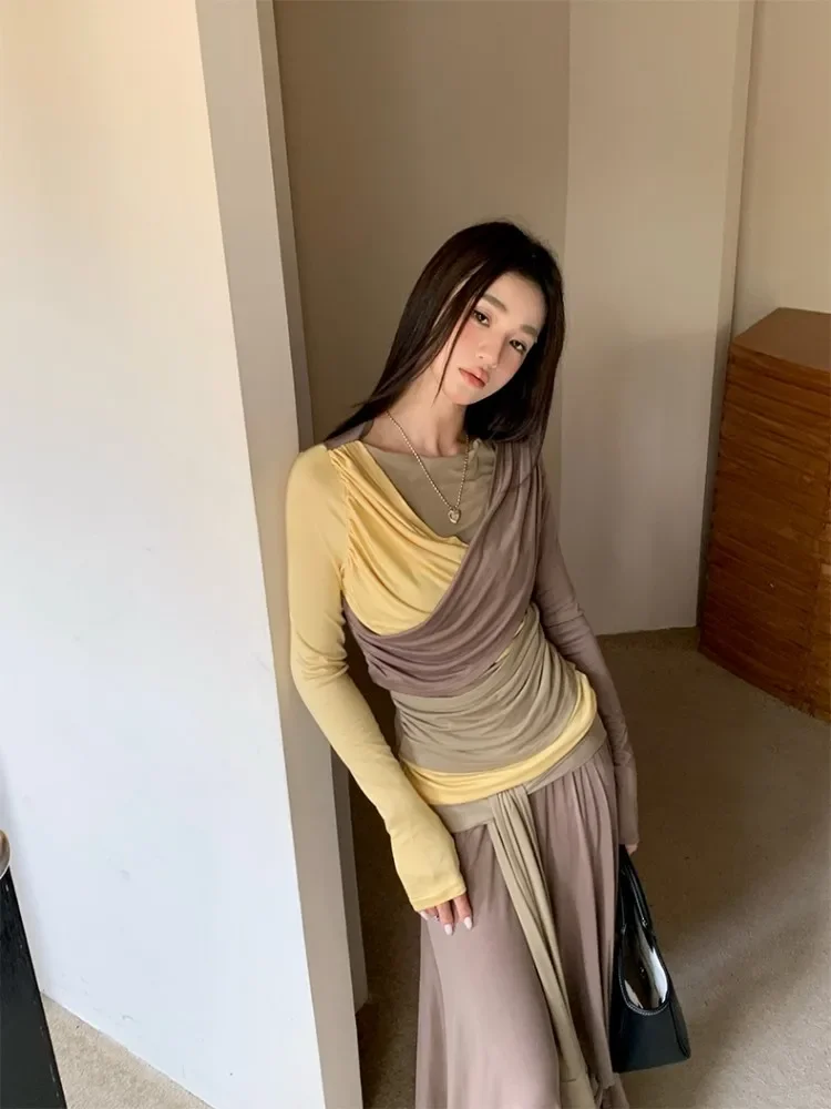 

Irregular Design Set For Women's Spring And Autumn Off Shoulder Top Paired With Fashionable And Chic Long Skirt Two-Piece Set