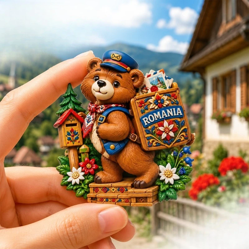 Romania Postman Bear Fridge Magnet - Charming 3D Carpathian Souvenir Unique European Gift for Travel & Storybook Decor