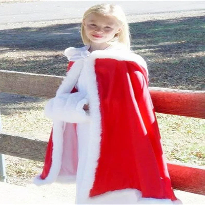 Long Cape for Kids Hooded Wedding Cloak Faux Fur Jacket Winter Kid Outerwear Faux Fur Coat Flower Girl Shawl Children\'s Cloak