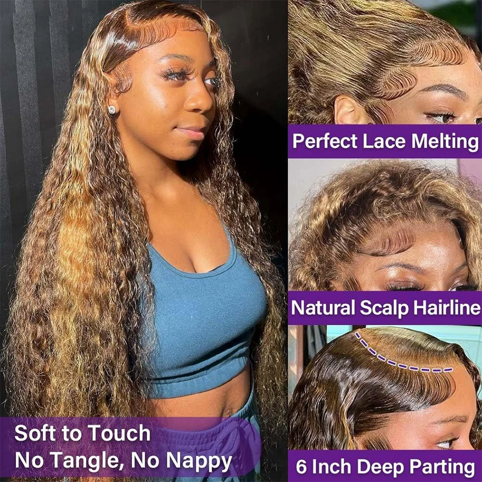 40 50 Inch Highlight Honey Brown Water Curly 13x4 HD Lace Front Human Hair Wigs Remy 13x6 Ombre Color Deep Wave Lace Frontal Wig