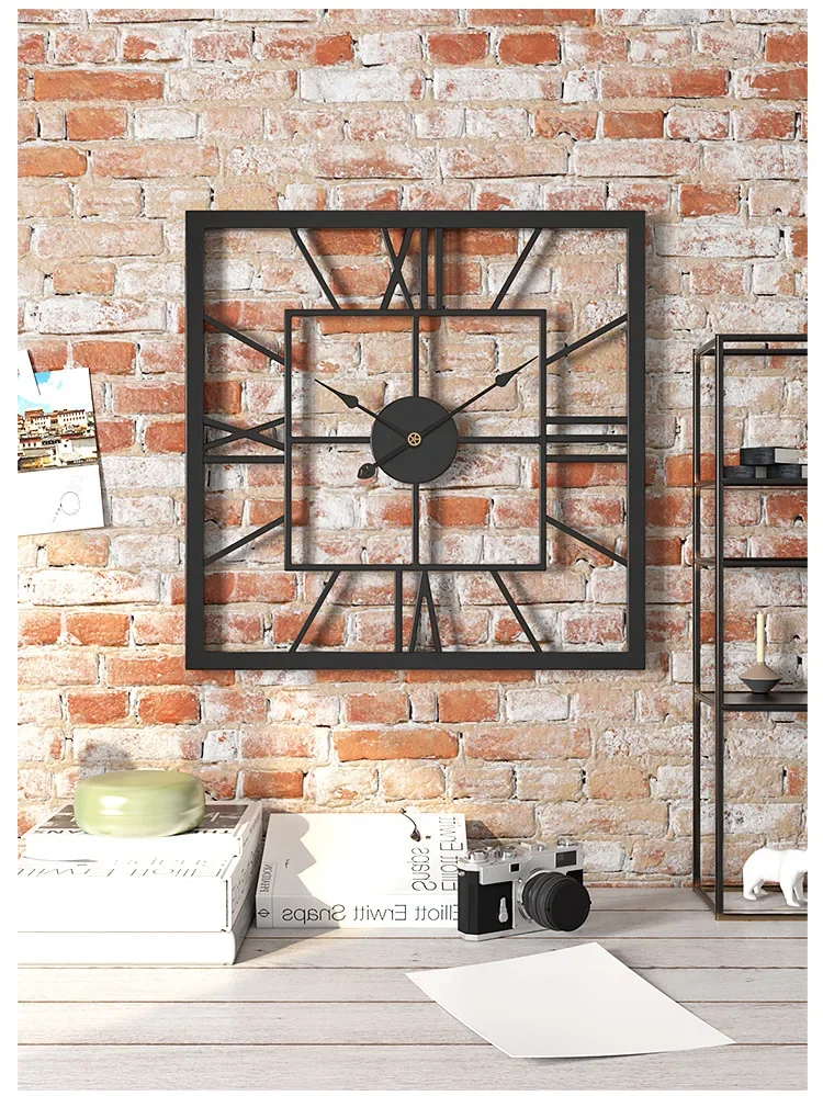 Light luxury square decoration European style wall clock living room Fashion simple iron wall decoration with mirror surface