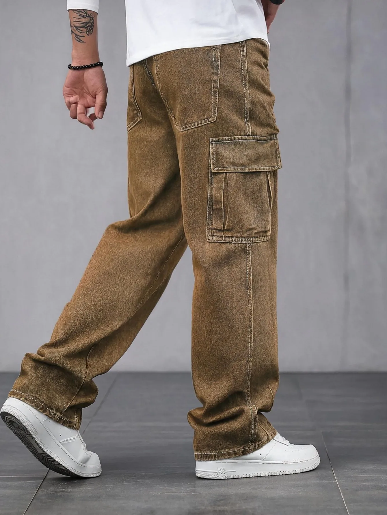【HME】Men's Jeans | Multi Pocket Cargo Denim Pants For Men, Loose Straight Wide Leg Denim Pants, Button Zipper Fly, Stitched Seam Detail, Vintage Washed Denim Trousers In Dark Blue And Brown, Streetwear Casual Bottoms For Male