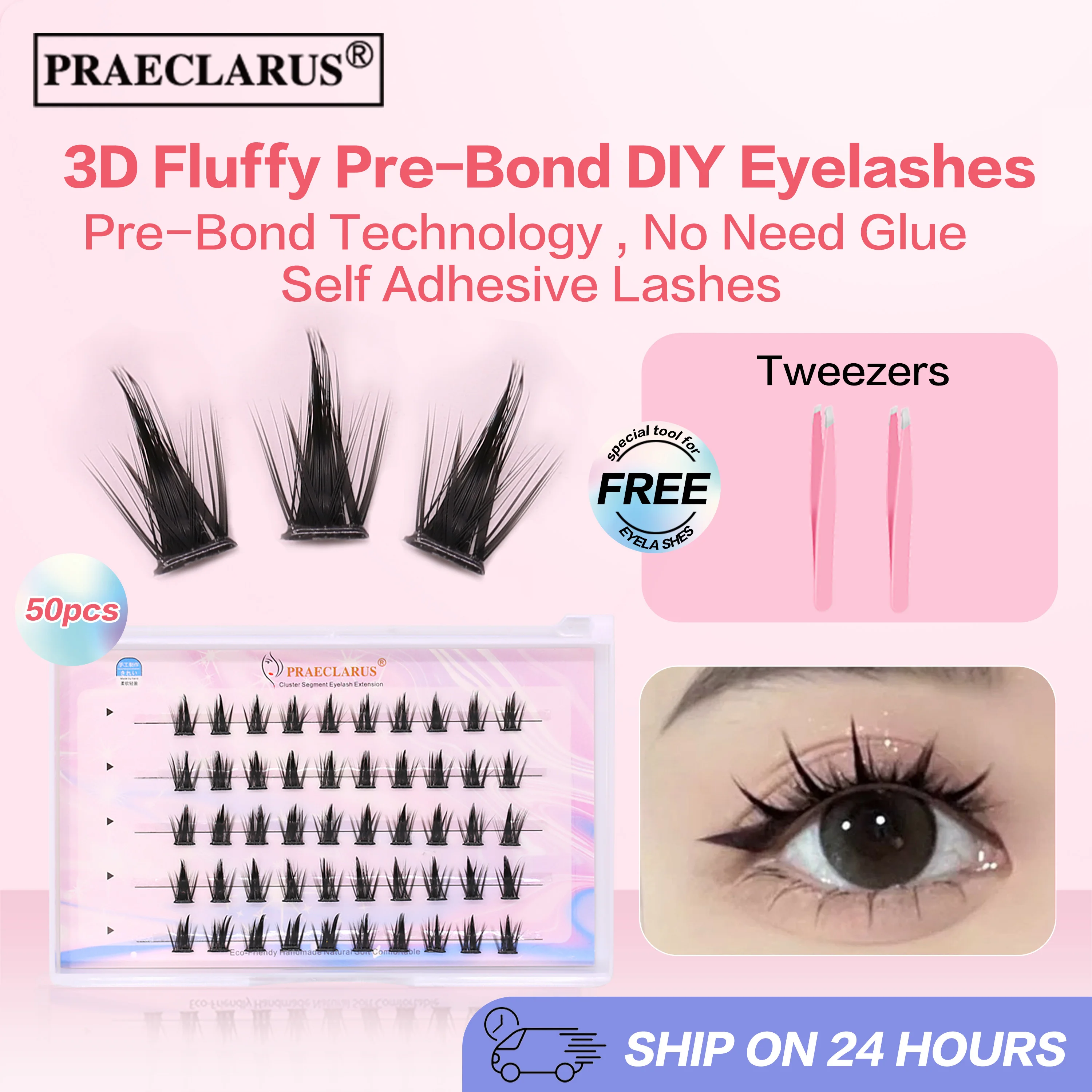 [No Need Glue]PRAECLARUS 3D Fluffy False Eyelash Reusable and Natural Eyelashes Glue-free Eye Lashes With Adhesive Diy Lahses