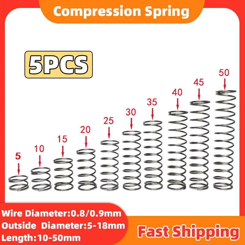 5PCS Wire Diameter 0.8/0.9mm Compression Coil Spring Return Spring 65MN Steel Pressure Springs OD 5-18mm Length 10-50mm