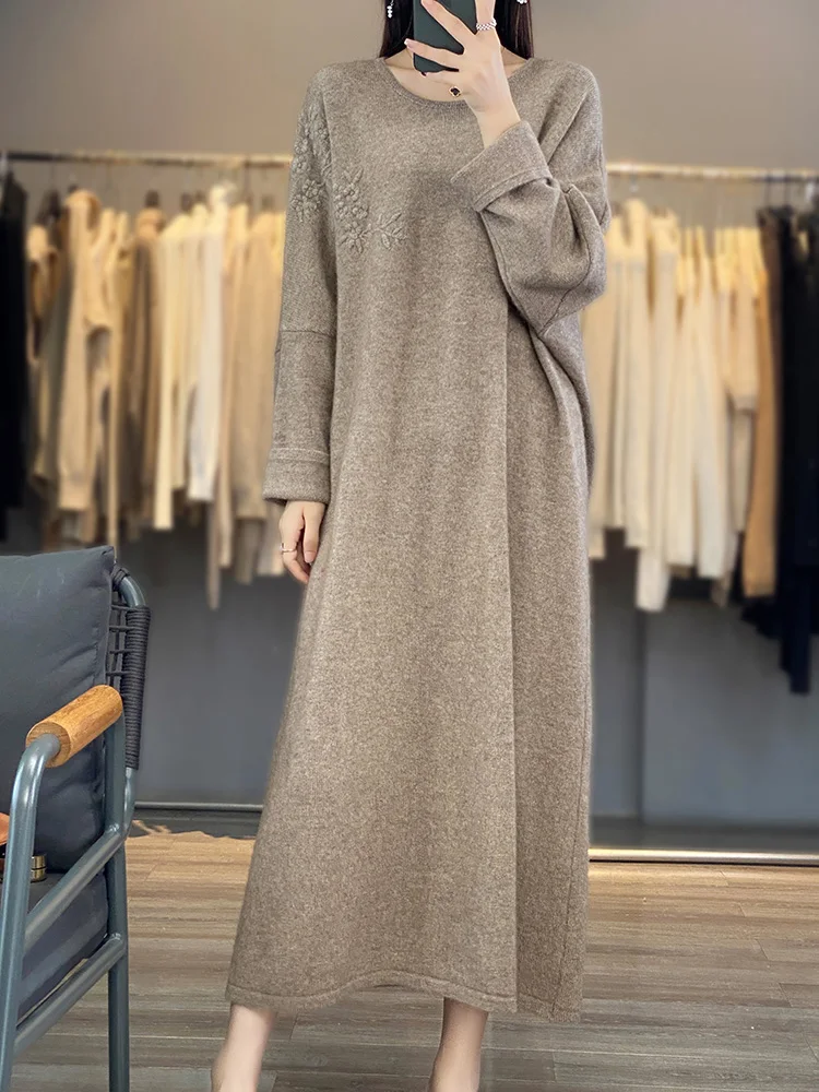 Women Knit Dress Oversize Embroidered Flowers 100% Wool Crew Neck Drop-Shoulder Sleeve Autumn Winter Dress O-neck Long Sweaters