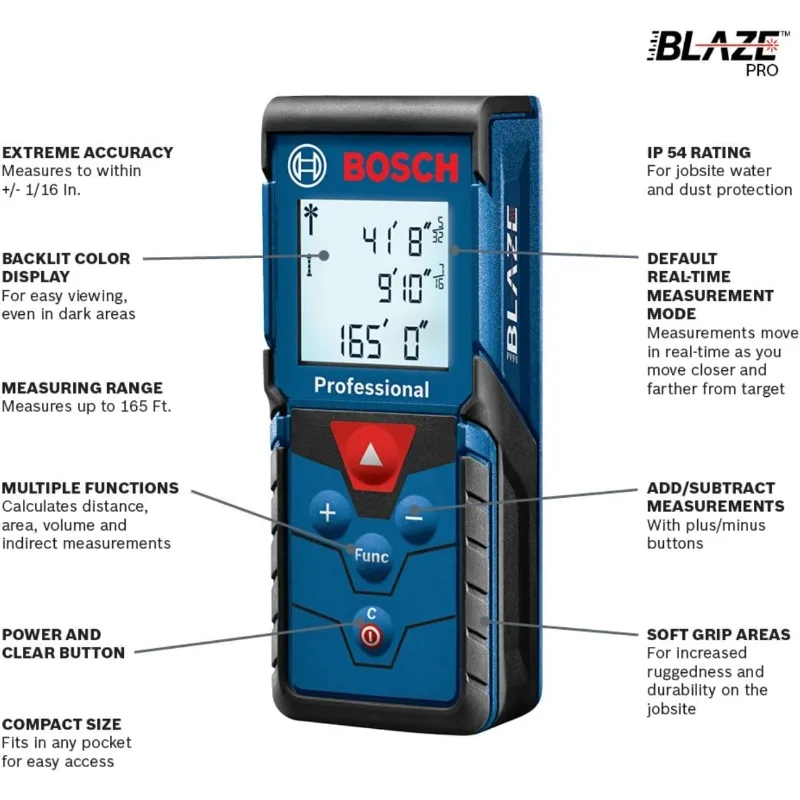 BLAZE 165 Ft Laser Distance Measure, Includes 2 AAA Batteries, Hand Strap, Target Cards, & Pouch