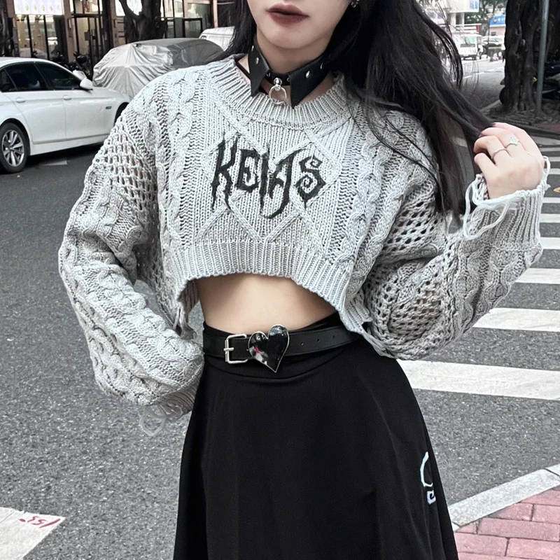 Ruibbit Harajuku Gothic Black Gray Letter Embroidery Women Punk Style O-Neck Loose Vintage Knitted Pullovers  Sweaters Y2k