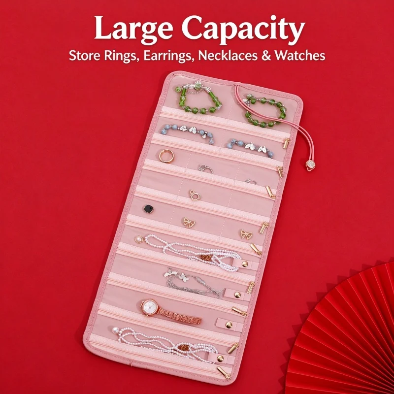 Velvet Roll Up Jewelry Organizer Bag Portable Travel Jewellery Storage Pouch for Necklace Earring Ring Bracelet Gift for Women