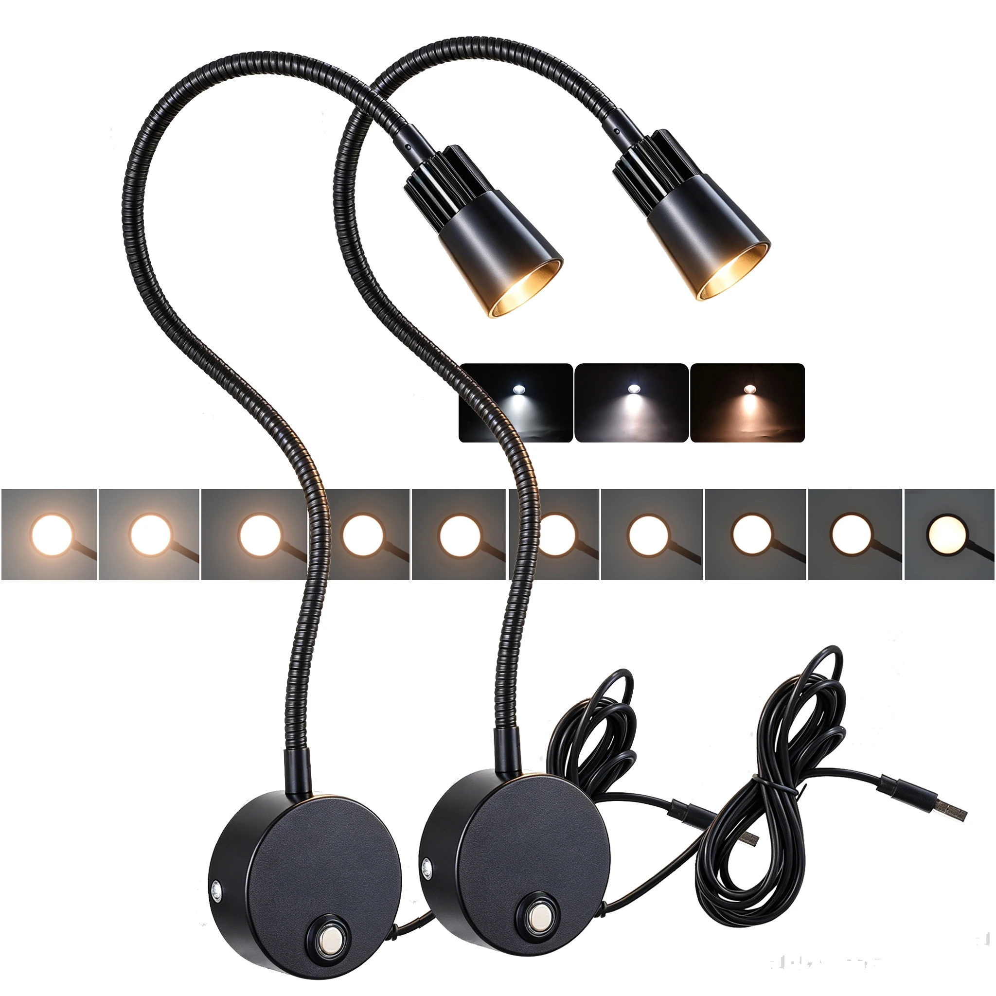 3CCT Dimmable 5V USB Reading Light CRI 98 Wall Mount Lamp 385mm Adjustable Gooseneck Anti-Glare LED Task Light