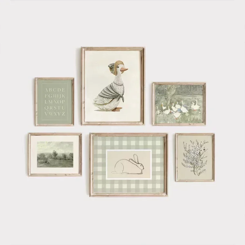 Green Bohemian Nursery Gallery Wall Poster Sage Bunny and Duck Early Learning Kids Room Bedroom Living Room Decorative Wall A