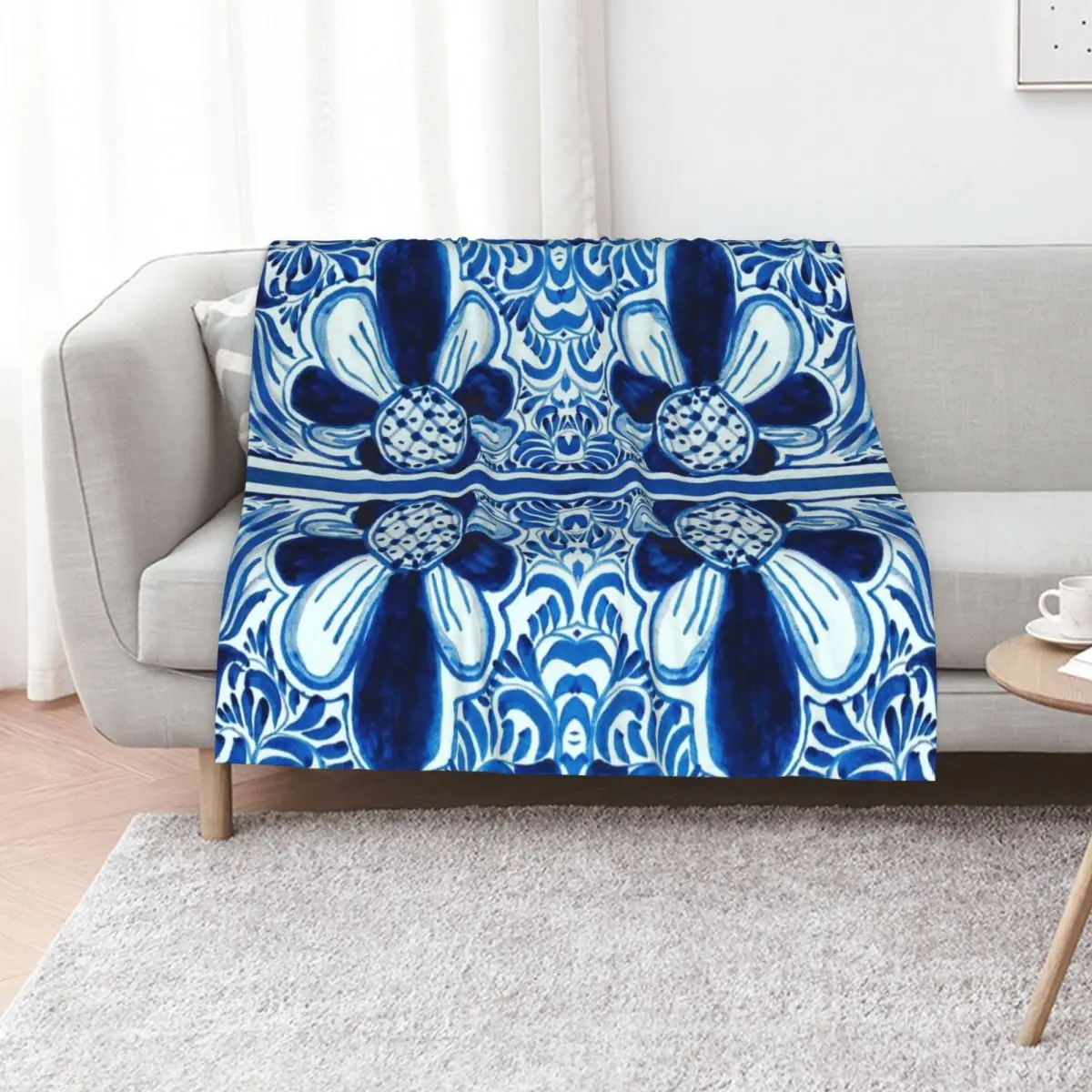 Blue and White Mexican Talavera Style - Vibrant Bright Blue Mexico Tile Painting, Festive, Colorful New Throw Blanket