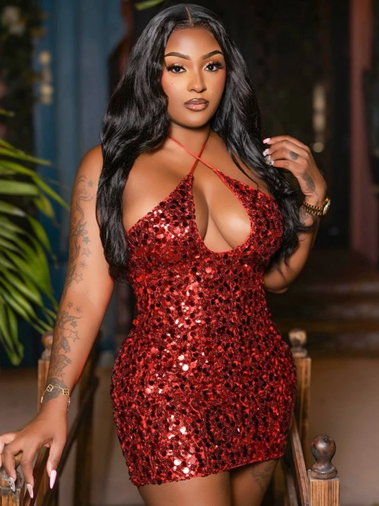 FDYOUI-vestido Sexy de noche con lentejuelas y cuello Halter para mujer, vestidos de fiesta brillantes sin mangas y espalda descubierta, vestidos de boda negros y rojos