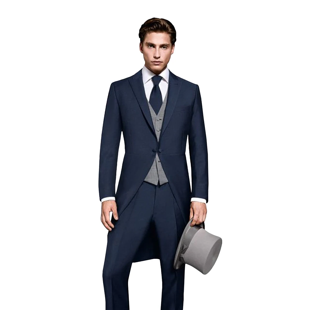 Men\'s Navy Blue Swallow-Tailed Suit One Button Peak Lapel Jacket Grey Vest Pants Groom Dinner Blazer Wedding Tailcoat Men Suits