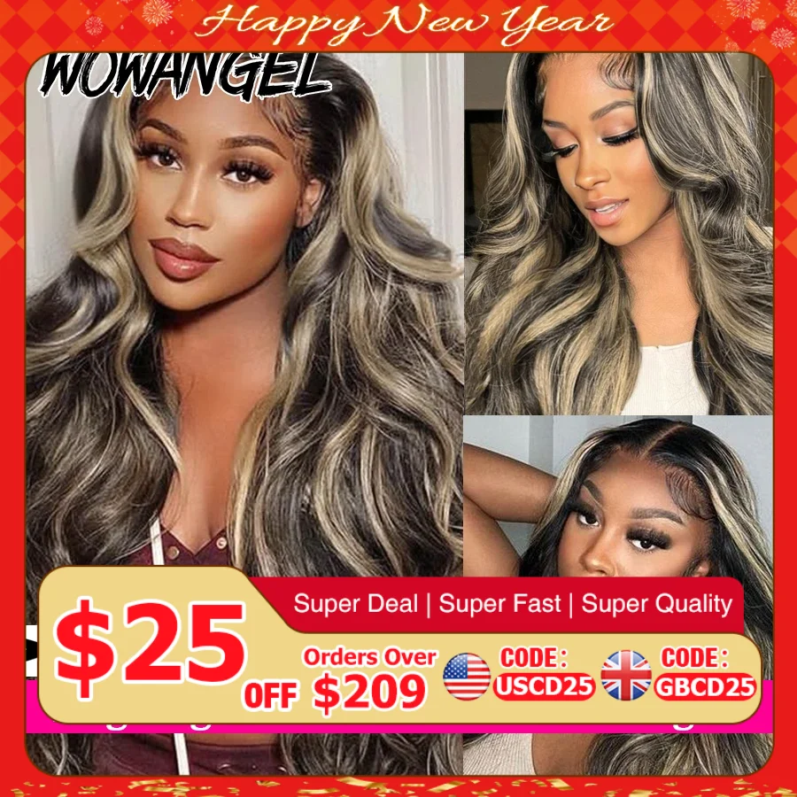 Perruque Lace Front Wig Body Wave Brésilienne Naturelle, Cheveux Humains Pré-Plumés, 13x6 HD, 34 Pouces, à Reflets, 1BJ27, 250%, pour Femme
