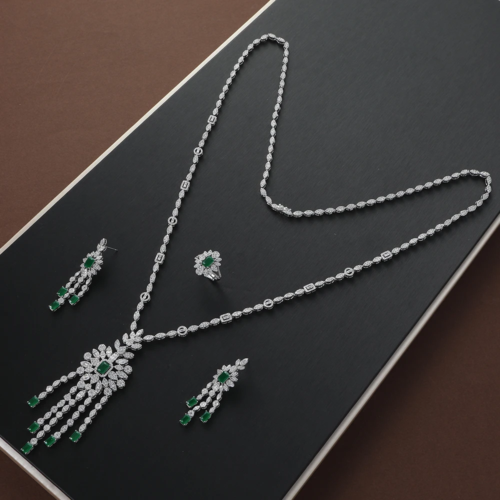 

Luxury Waterdrop Leaf Square Tassel Long Necklace Earrings Ring Sets For Women Cubic Zirconia Bridal Jewelry S483-3420