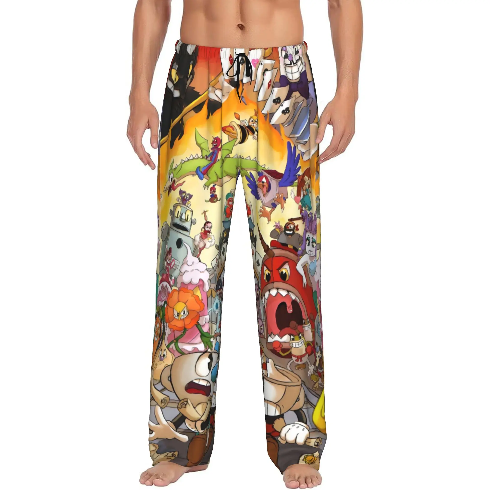 Custom Cupheads Pajama Pants for Men Shooting Game Lounge Sleep Drawstring Sleepwear Bottoms with Pockets view 2