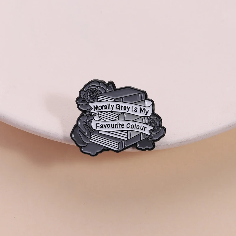 Morally Grey Pin Dark Aesthetic Brooch Black White Rose Book Design Daily Wear Accessory for Gothic Literary Style